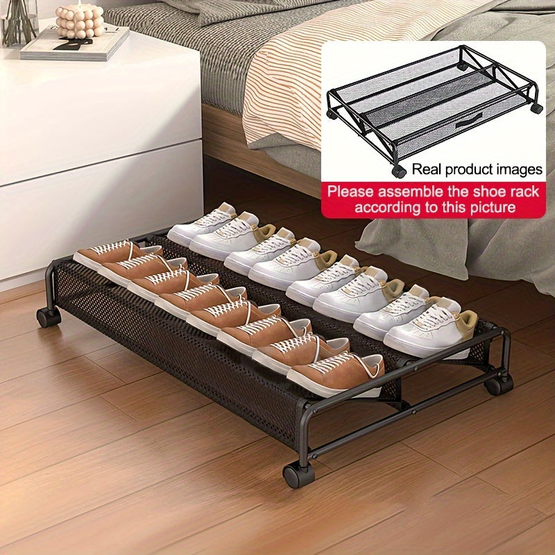 Keep Your Shoes Neat and Tidy with our Space-Saving Under-Bed Shoe Rack featuring 360° Swivel Wheels - Sturdy Metal Organizer for Effortless Shoe Storage and Organization, Convenient Sliding Design Perfect for Bedroom, Dorm, and Home Use