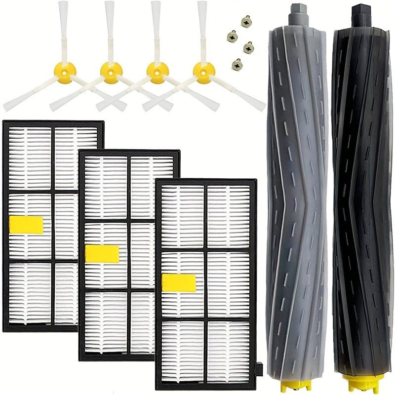 Replacement Parts Kit for iRobot 800/900 Series with 9 Pieces, Compatible with Various Models such as 805, 860, 870, 880, 890, 960, 980, and 985. The kit includes 3 HEPA Filters, 4 Side Brushes, 2 Roller Brush Sets, and Plastic and Silicone Vacuum