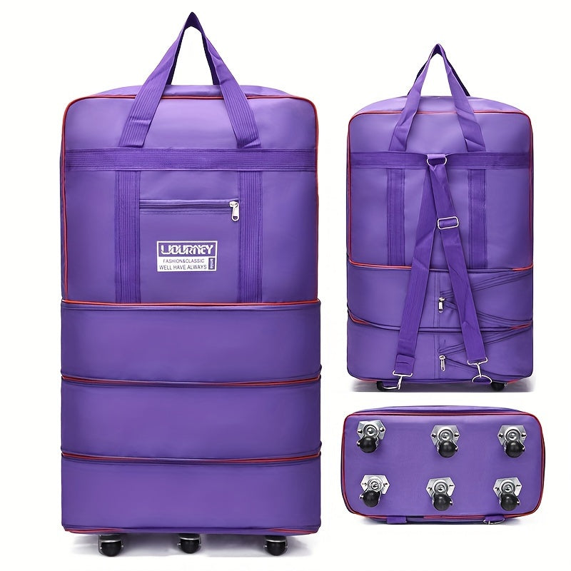 Foldable travel luggage bag with wheels for business trip, study abroad, and travel. Large storage capacity, expandable and portable.