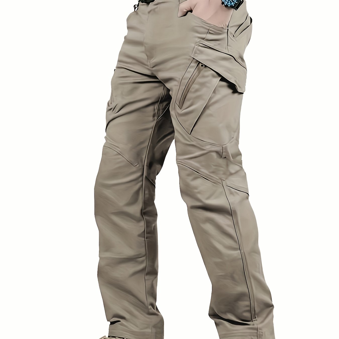 Men's tactical pants with multiple pockets, machine washable polyester, suitable for all seasons.