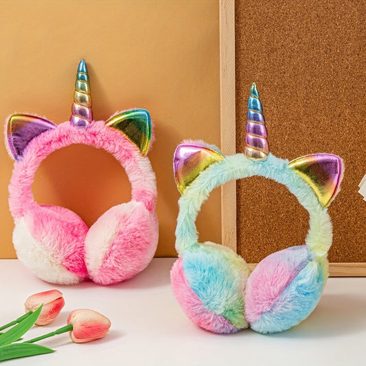 Colorful plush earmuffs for girls, perfect for keeping ears warm during the winter. Adjustable size with cute animal-themed design. Made from faux fur and hand-washable polyester for fitted ear protection.