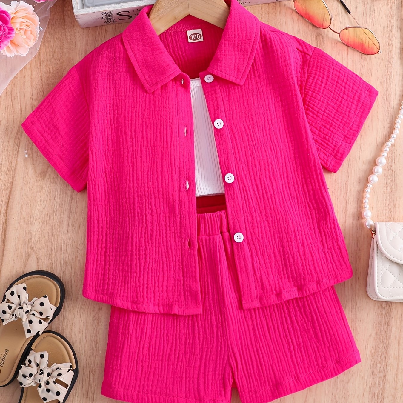 Girls' three-piece summer outfit includes short-sleeve jacket, tank top, and shorts for casual outdoor wear.