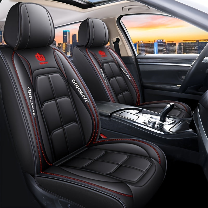 1-piece red & black PU leather car seat cover with "Original" print, suitable for sedans or SUVs. Durable all-season cushion mat that can be hand washed or dry cleaned. Provides car seat