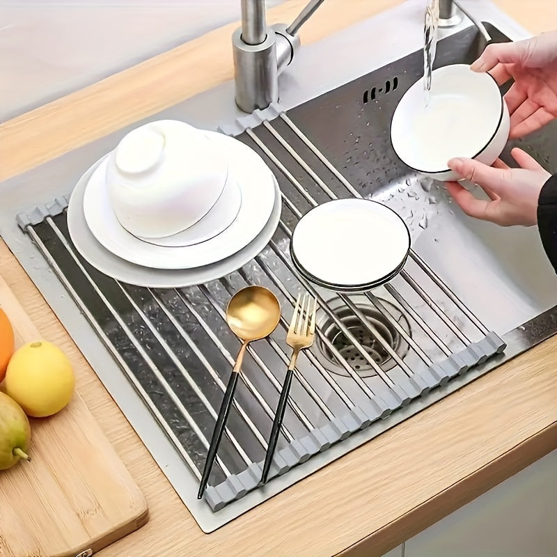 Stainless Steel Roll-Up Dish Drying Rack for Sink - Portable Drainer and Storage Rack with Non-Slip Silicone Edges, Foldable Utility Rack for Kitchen Tools, Includes Sink Grid Mat