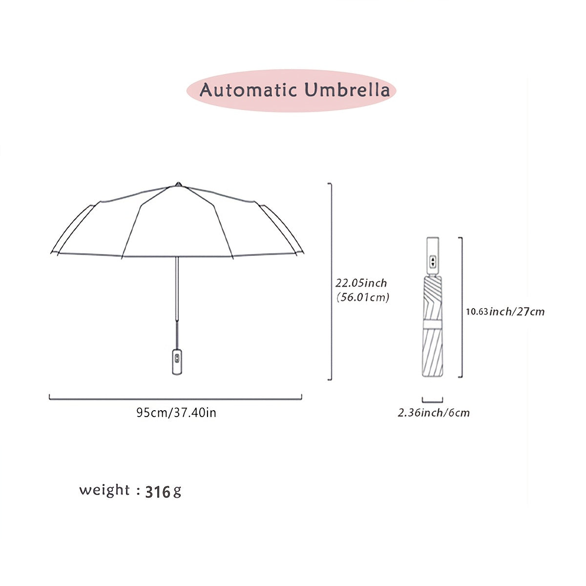 UV protection folding umbrella with automatic open, 8 ribs, durable iron frame, portable for sun and rain, casual minimalist style, made of plastic and pongee material with black coating