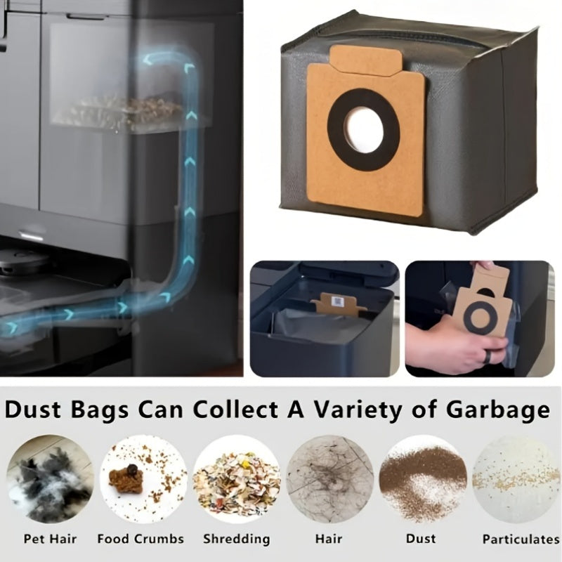 Eufy Dust Collection Bags available in 6-Pack or 10-Pack options, designed to fit X8 Pro & X10 Pro Omni Robot Vacuum models. Featuring a 3L large capacity and a durable 4-layer reinforced tear-resistant design made of polycarbonate material.