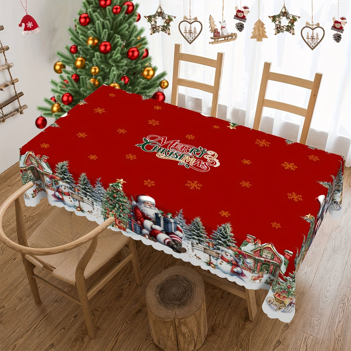 Get into the holiday spirit with our Christmas and New Year tablecloth featuring Santa Claus, Snowman, and Christmas Tree patterns. Made of durable polyester with edge embossed craft, available in 4 sizes for both round and rectangular tables. Perfect