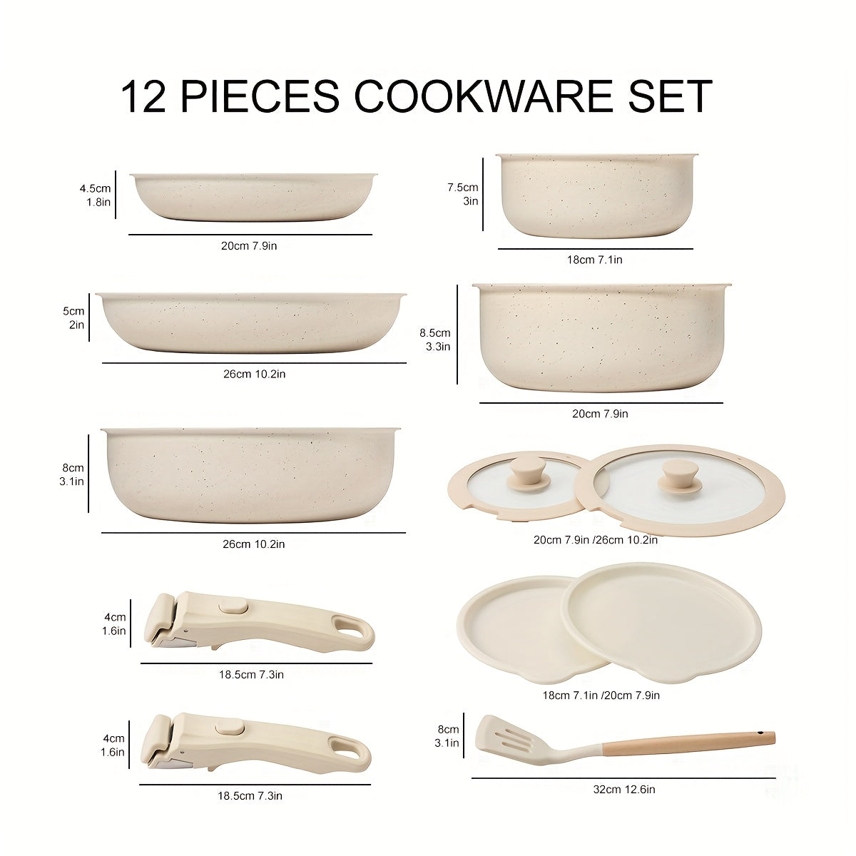 Set of 12 Ceramic Nonstick Cookware Pieces with Removable Handles - Suitable for Induction Cooktops, Dishwashers, and Ovens - Ideal for Both Home and Restaurant Kitchens