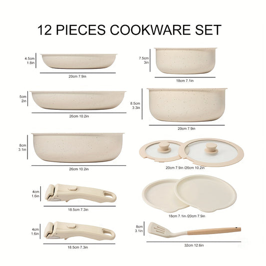 Set of 12 Ceramic Nonstick Cookware Pieces with Removable Handles - Suitable for Induction Cooktops, Dishwashers, and Ovens - Ideal for Both Home and Restaurant Kitchens