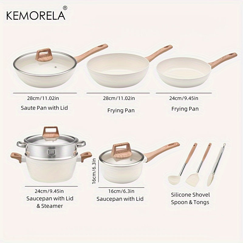 12-Piece Nonstick Cookware Set from KEMORELA - Aluminum Pots and Pans for Your Kitchen with Induction Base, Complete with Frying Pan, Saucepan, Steamer, Silicone Utensils & Tongs - Free of PFAS, PFOA, Lead, and Cadmium