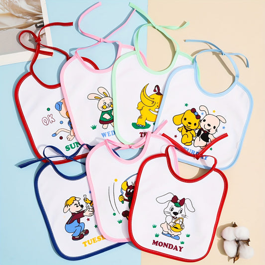 Set of 7 Adorable Weekly-themed Feeding Bibs, Fun Waterproof Designs, Gentle Fabric Bibs