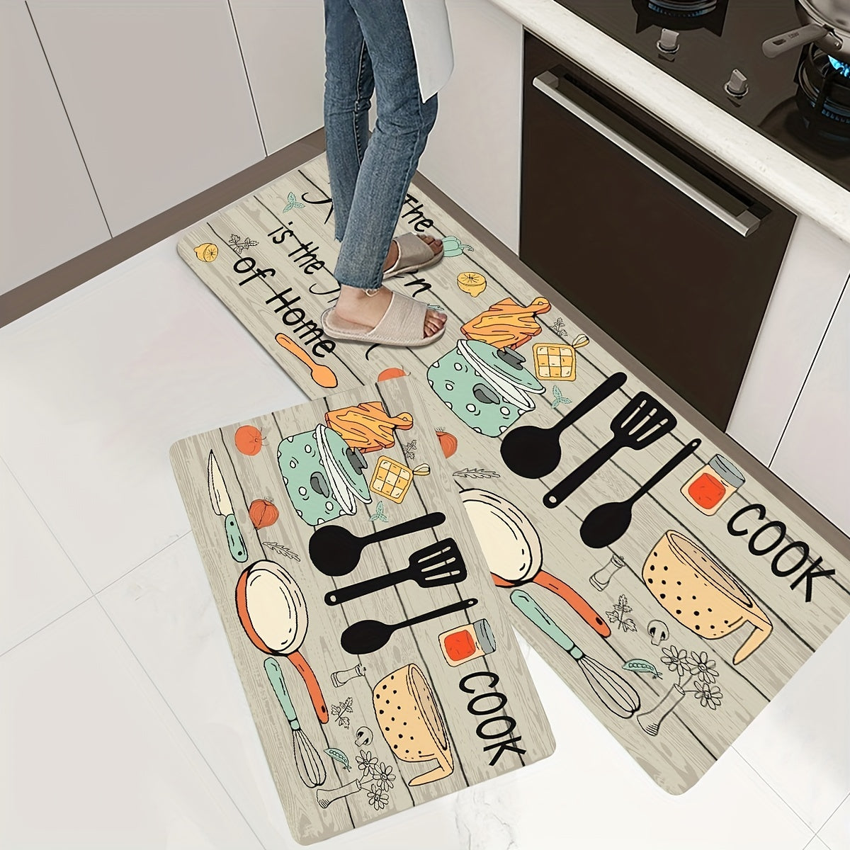 1pc Modern Polyester Kitchen Mat with Cutlery & Letter Graphics - Machine Washable Rectangular Floor Mat for Kitchen/Home Decor, Featuring "The Kitchen's the Heart of the Home" Theme. Perfect for Kitchen Rugs!