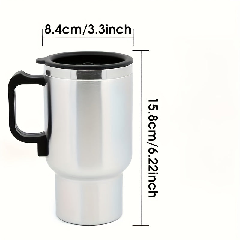 Stainless steel car electric heating cup with handle and lid, 12V/24V compatible for hot beverages on the go.