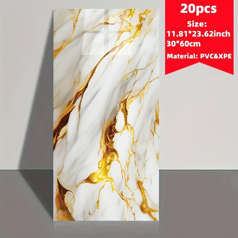 Set of 20 marble tile wall stickers, easily cut, install, and remove. Waterproof self-adhesive boards suitable for various rooms. Size: 59.99 * 29.97 cm. Ideal for kitchens, living rooms