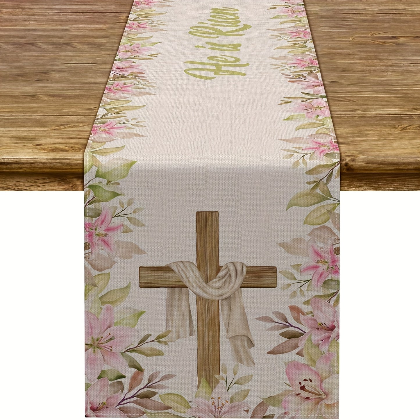 Easter-themed table runner for home decoration featuring "He is Risen" slogan