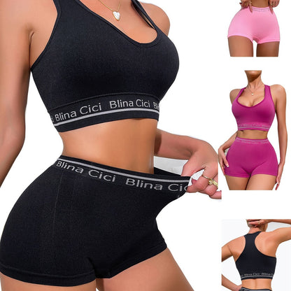 Sporty lingerie set includes racerback bra and boxer shorts for jogging or gym.