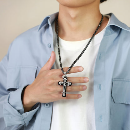 Men's Fashionable Byzantine Necklace with Double-layer Stainless Steel Cross Pendant