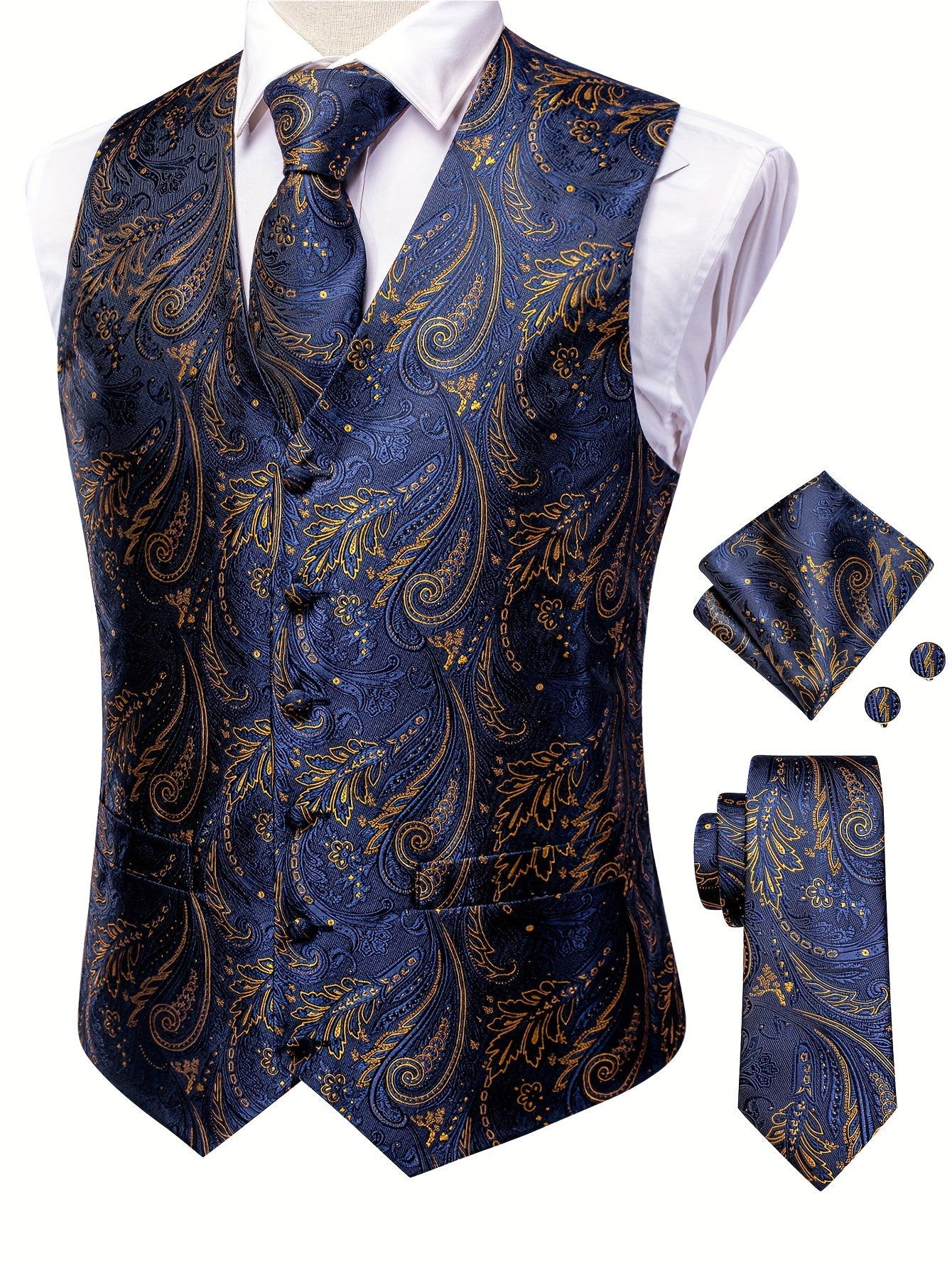 White paisley pattern accessories for big men: waistcoat, necktie, hanky, and cufflinks