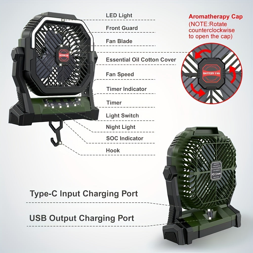 Portable Camping Fan with Rechargeable Battery, 4-Speed Settings, Lantern, Aroma Diffuser, Timer, and Fast Charging capabilities. Ideal for Camping, Beach trips, Home use, Office use, Job sites, and in case of Power Outages.