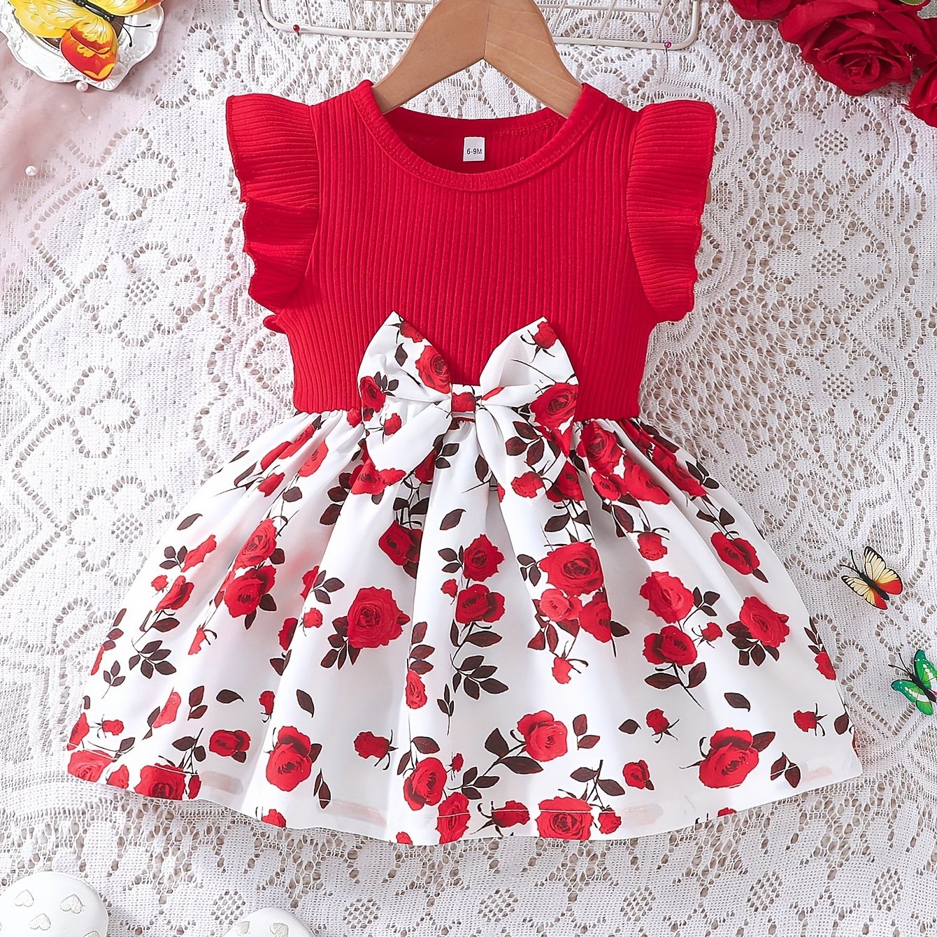 Baby girl's elegant summer dress set with romantic rose design and bow detail