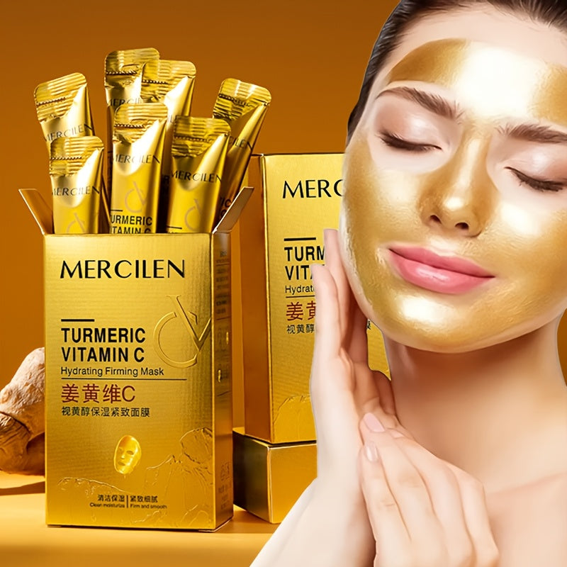 MERCILEN Turmeric Vitamin C mask provides deep cleansing and moisture, suitable for all skin types..GraphicsUnit contains 10 pcs, with ingredients like Retinol, Aloe Vera, and Hyaluronic