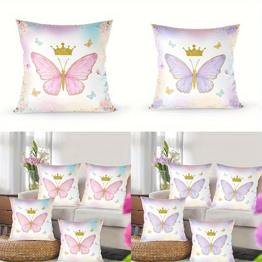 Chic pink and purple butterfly pillow cover made of soft peach skin polyester with zip closure, ideal for living room, bedroom, and party decor.