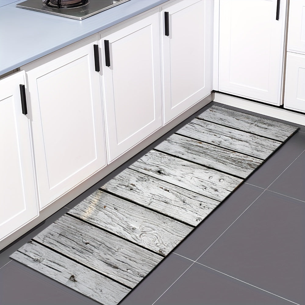 Gray and white wood grain entrance mat, 1 piece, designed to absorb water in the kitchen. This long strip floor mat can also be used in the home bathroom as a non-slip foot mat or in the bedroom as a sofa carpet.