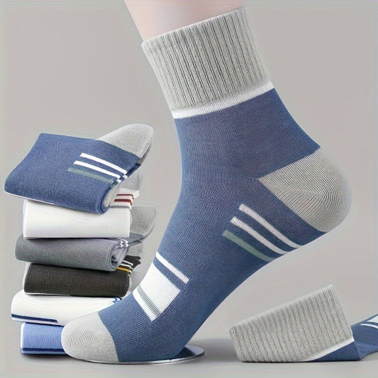 5 pairs of color block crew socks for men - stylish, breathable, comfortable, perfect for outdoor and everyday wear.