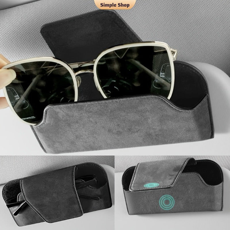 Car visor glasses holder made of PU leather for universal fit in vehicle for convenient eyeglasses storage.