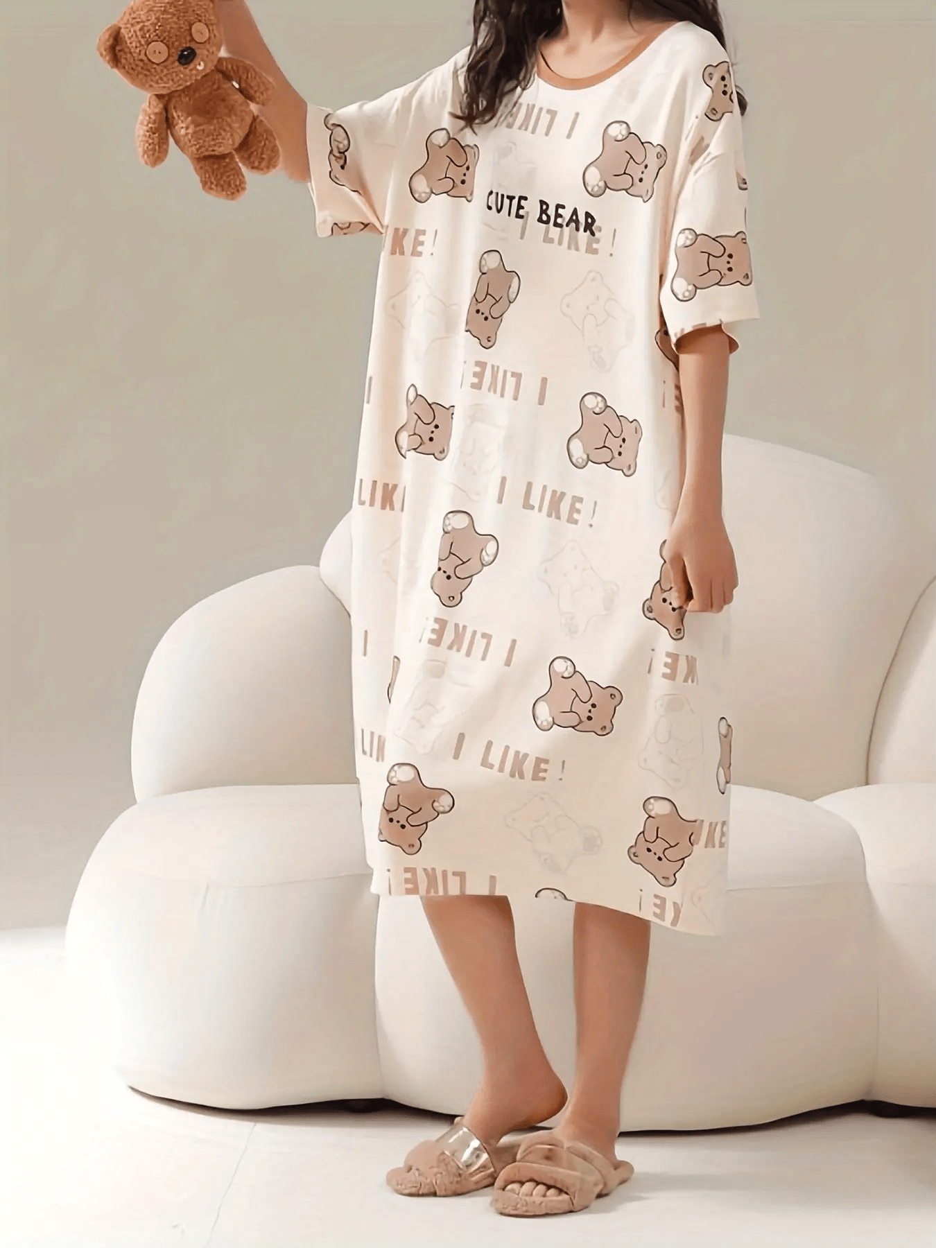 Summer Cartoon Bear Print Slim Fit Dress, Short Sleeve, Round Neck