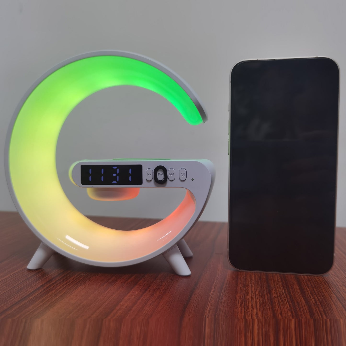 Kouzone Wireless Sunrise Alarm Clock with Wireless Speaker, RGB Ambient Light, Fast Charging, Rechargeable Battery, USB/Battery Dual Power Mode, Button Control, Audio Output - Ideal for