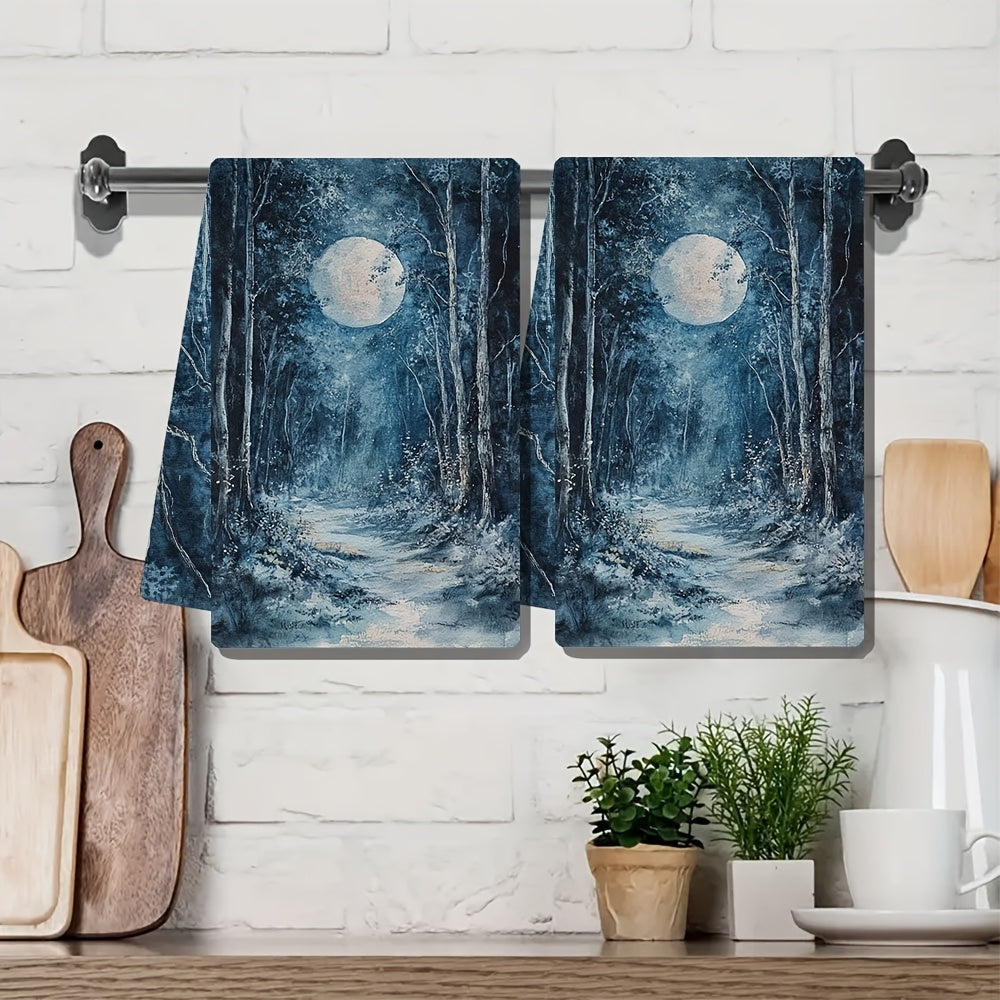 Enchanting Moonlit Grove Kitchen Towels Set of 2 - Made of Ultra Soft and Highly Absorbent Polyester Material, Machine Washable, 40.64x60.96 cm - Perfect for Holiday Decor and Everyday Use in the Kitchen