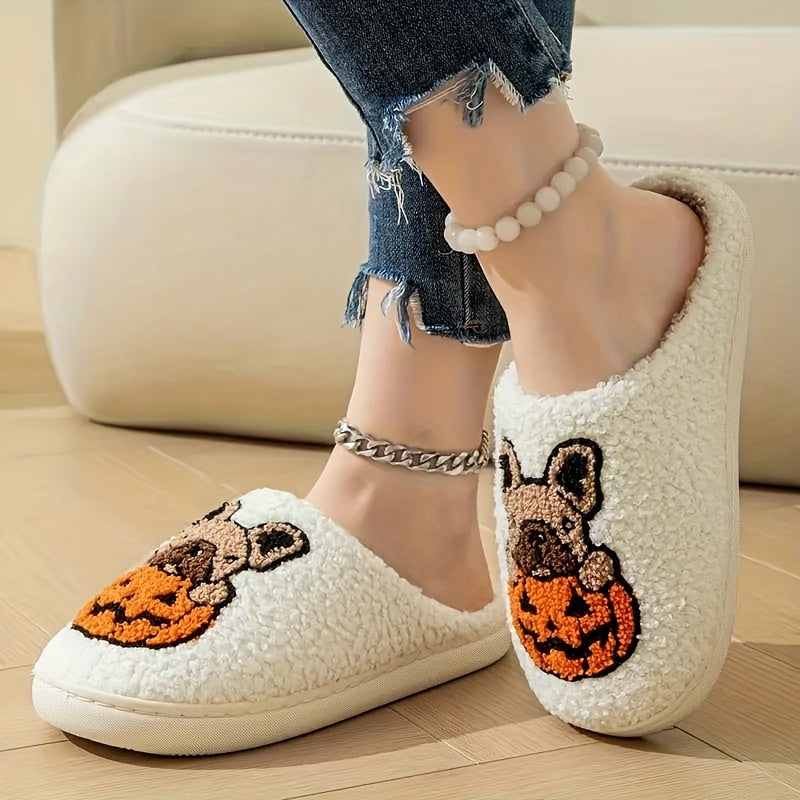 Cute Pumpkin Sandpaper Dog Pattern Slippers, Cozy and Stylish Indoor Couple's Footwear in the Warm Series.