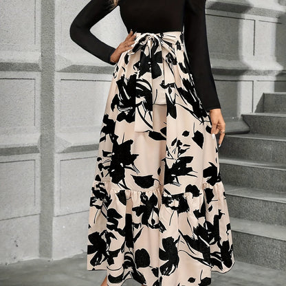 Floral print tie waist patchwork dress, elegant tiered long sleeve ankle length dress for spring and fall, women's clothing.