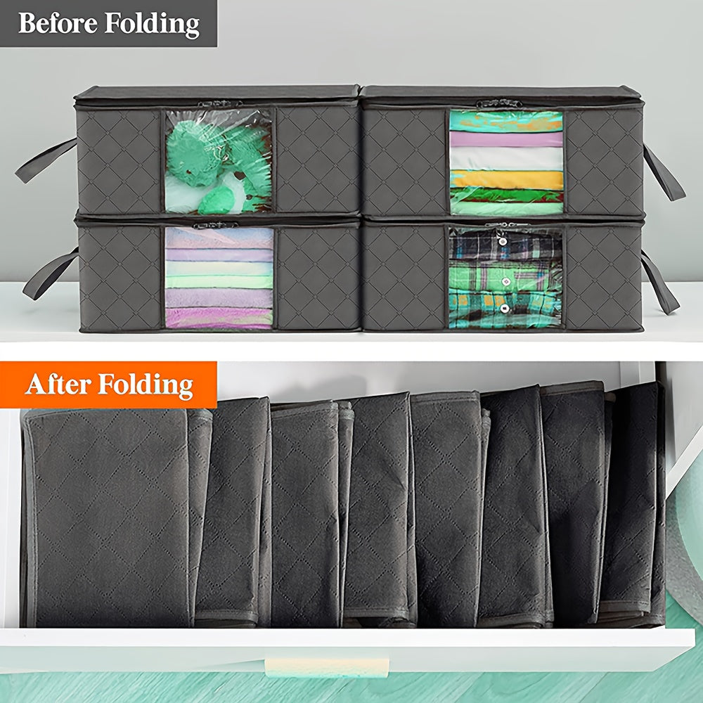 Set of 3 35L Black Fabric Storage Bags featuring Clear Viewing Windows - Quilted, Foldable Boxes for Organizing Clothes, Blankets & Bedding - Perfect for Under Bed, Wardrobe, and Dorm Use - Dimensions: 47.98x35.99x19.99cm - Convenient Clothes Organizer