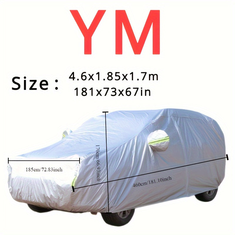 Car cover with UV and dust protection, suitable for cars, pickups, SUVs, and hatchbacks. Features reflective strip for added protection. Suitable for outdoor use.