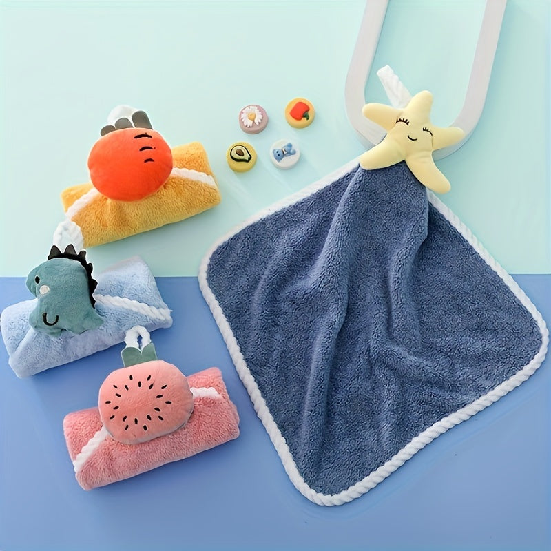 Cute dinosaur hanging hand towel made of soft coral fleece, highly absorbent and ideal for kitchen and bathroom use. Great for both kids and adults.