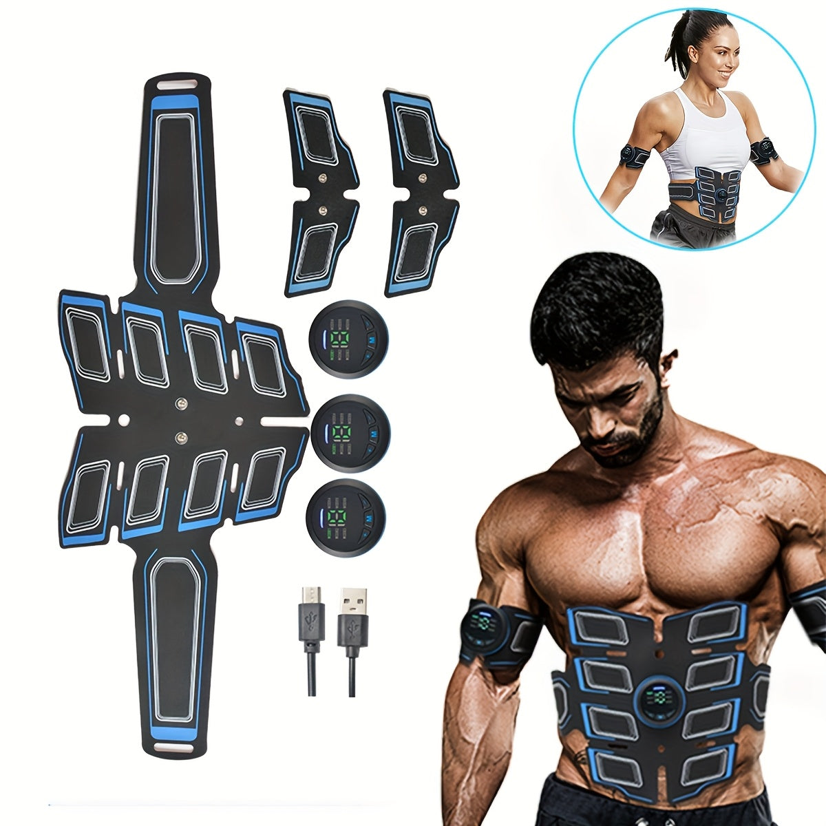 JUMPER EMS Stimulator Belt with rechargeable lithium battery in black and blue. Ideal for abdominal, arm, and leg workouts at home or office for muscle relaxation. Adjustable strap for