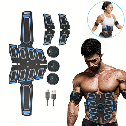 JUMPER EMS Stimulator Belt with rechargeable lithium battery in black and blue. Ideal for abdominal, arm, and leg workouts at home or office for muscle relaxation. Adjustable strap for