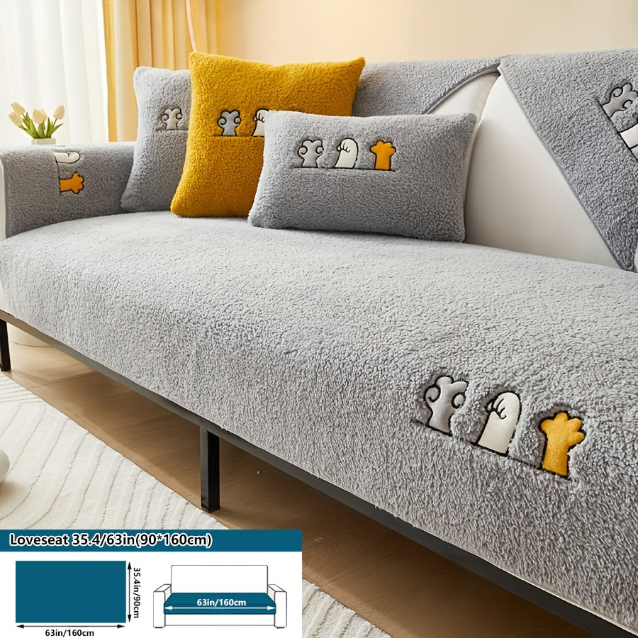 Luxurious faux lamb plush sofa cover for winter, pet-friendly and machine washable. Provides scratch protection and fits single to four-seater sofas, bedroom, and cushion.