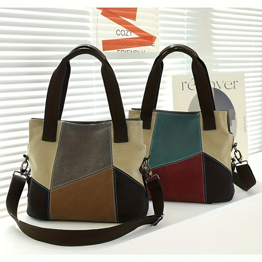 Vintage-style shoulder bag with detachable strap, color block patchwork design, and zipper closure.