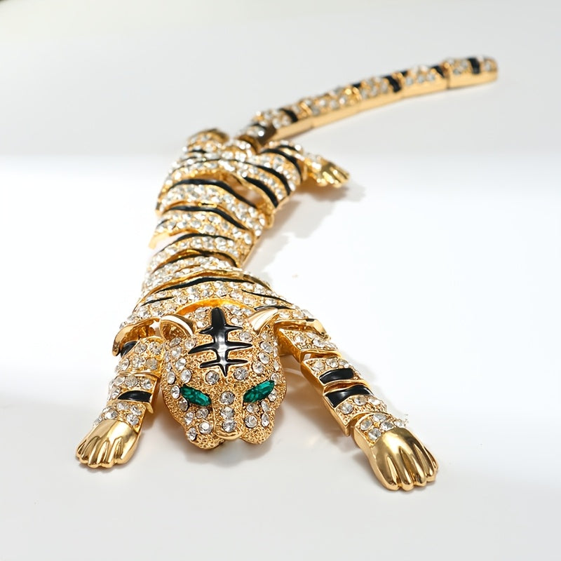 Vintage tiger design brooch with movable joints, handcrafted with exaggerated diamonds, studded with oil dripping animal fashion.