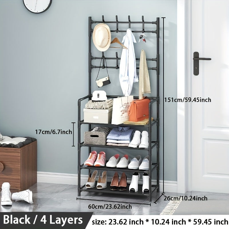 3-in-1 shoe rack with metal hooks and dust cloth, perfect for entrance, living room, or bedroom. Easy to assemble and move, provides sturdy storage.