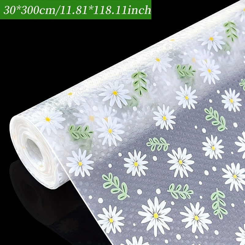 Elegant daisy pattern EVA shelf liner, waterproof, non-slip, and versatile for various uses in the home. BPA-free, odorless, easy to clean and cut. Ideal for kitchen cabinets, drawers, refrigerators, tables, wardrobes, and shoe cabinets. Transparent