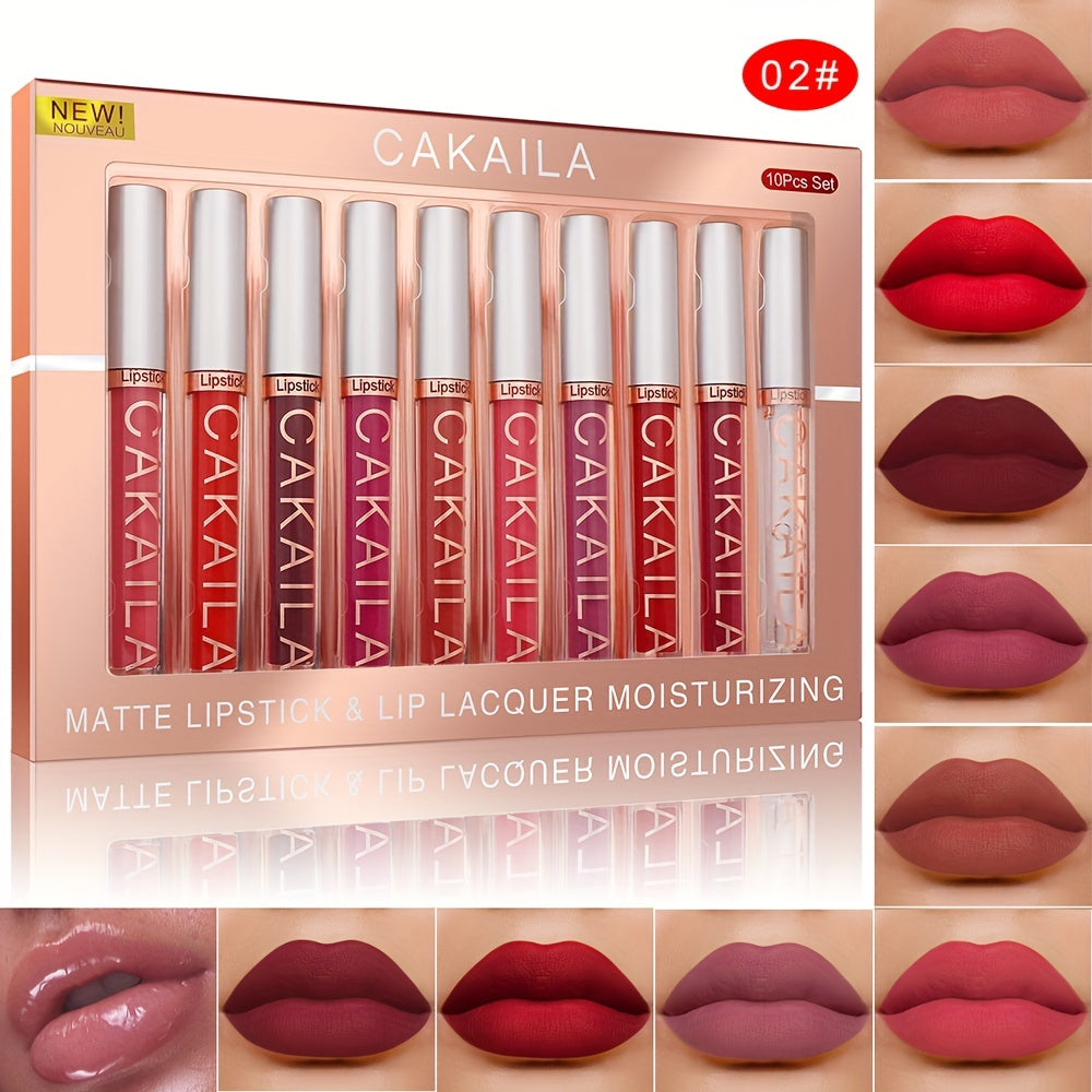 CAKAILA 10pcs Matte Lip Gloss Set in Red Shades, Long-Lasting, Waterproof, Non-Fade, Matte Finish, Suitable for All Skin Types and Adult Use