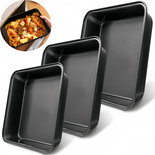 Stainless steel nonstick roasting pan available in 3 sizes. Durable, easy to clean, rust-resistant, suitable for oven and freezer. Black rectangular bakeware for home use.