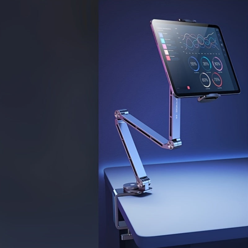 Adjustable aluminum tablet stand with 360° rotation and multi-angle folding arm desk mount for iPad.