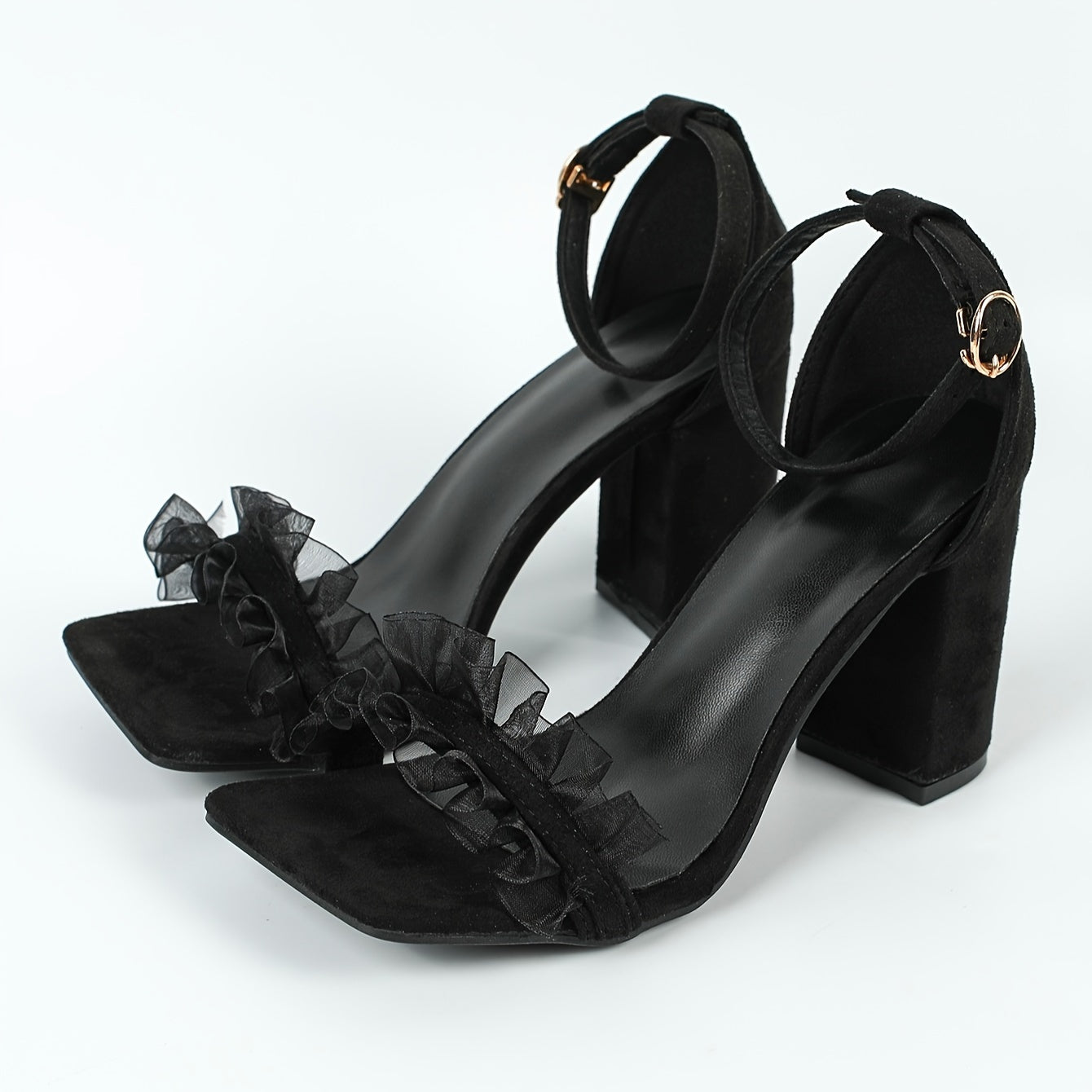 Black square toe chunky heel sandals for women with an ankle strap in a fairy princess style, made of velvet material with EVA insole and rubber sole. Features hook & loop closure, no print.