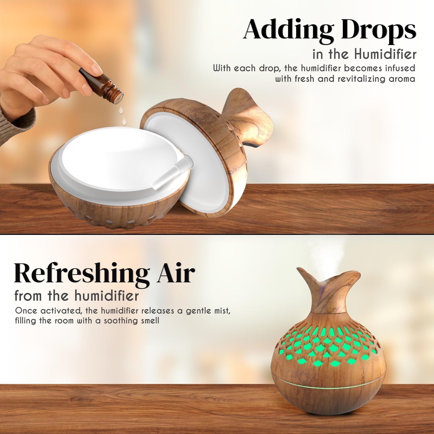 Charming Wood Grain Cool Mist Humidifier - USB Powered, 10.14oz, Ideal for Home, Office, Car, And Classroom Decor - Great Holiday Gift to Improve Air Quality and Soothe Your Senses.