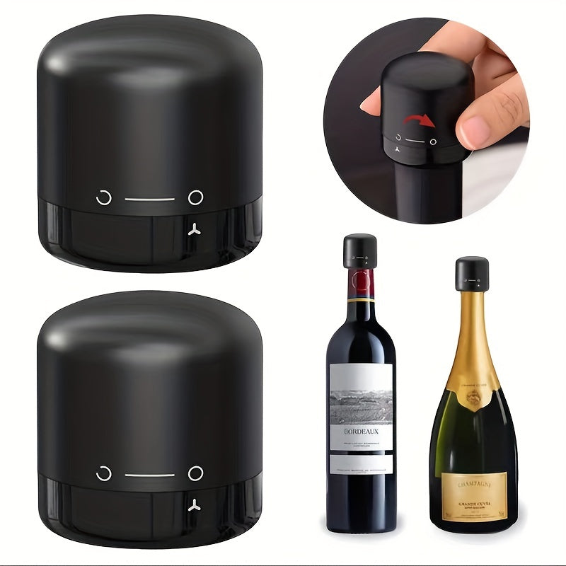 Black rotating wine stopper prevents leaks from red wine bottles, preserves freshness in kitchen and dining.